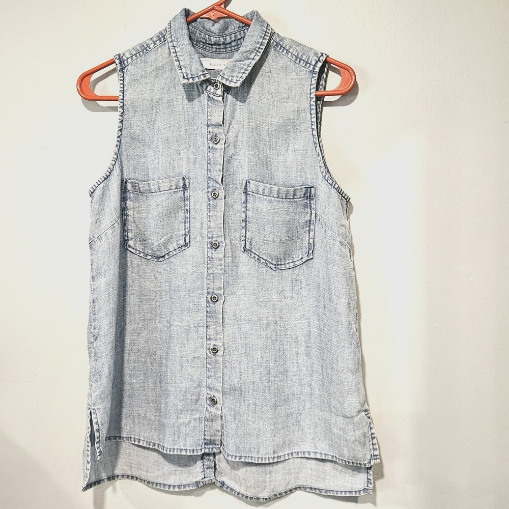 Billy T Women's S Sleeveless Chambray-Look Blouse Back Ruffle Button Up Pockets